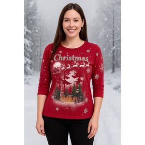 Vtg Red Christmas Pullover Shirt Santa Sleigh Reindeer Rhinestones Snowflake